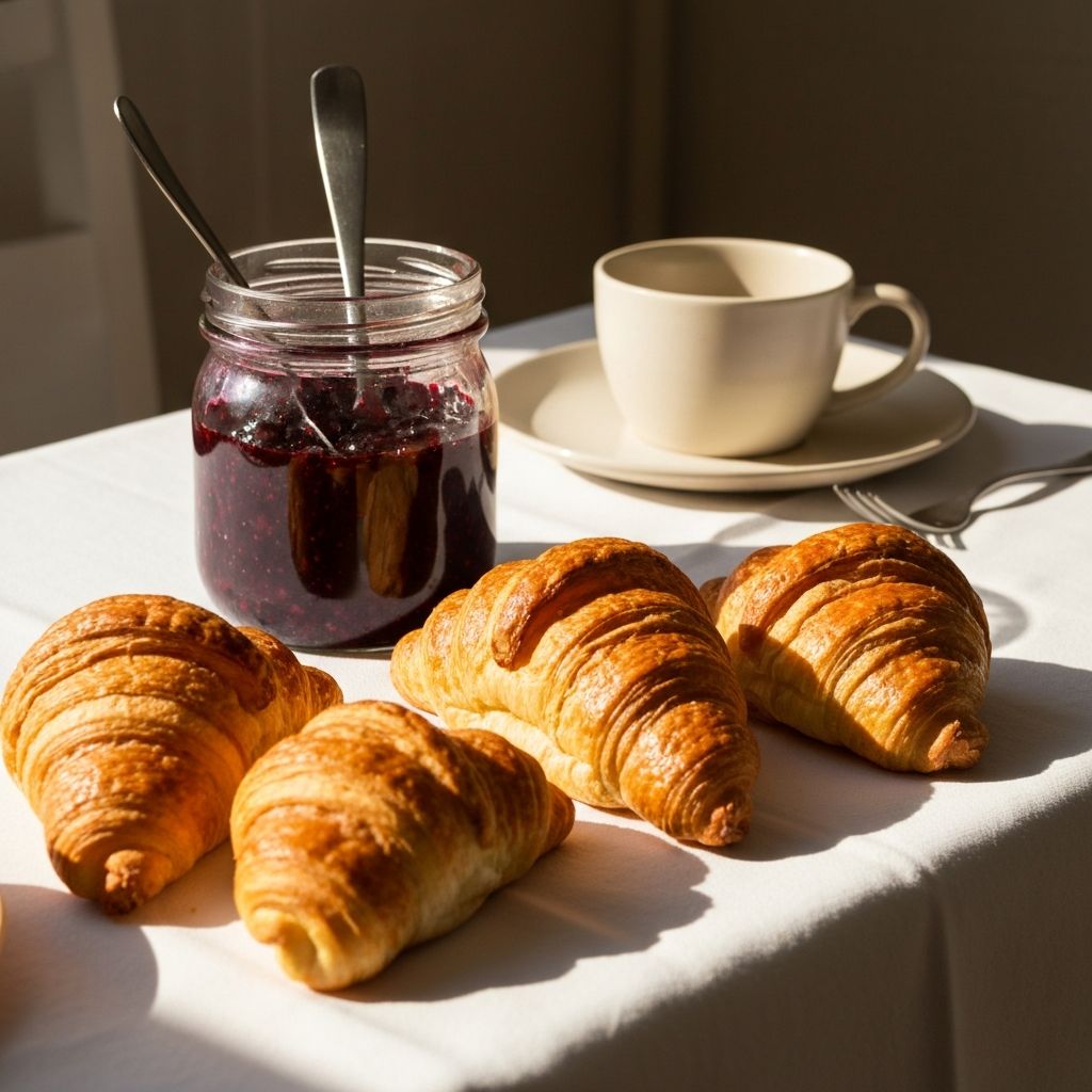 Breakfast table with croissants and jam